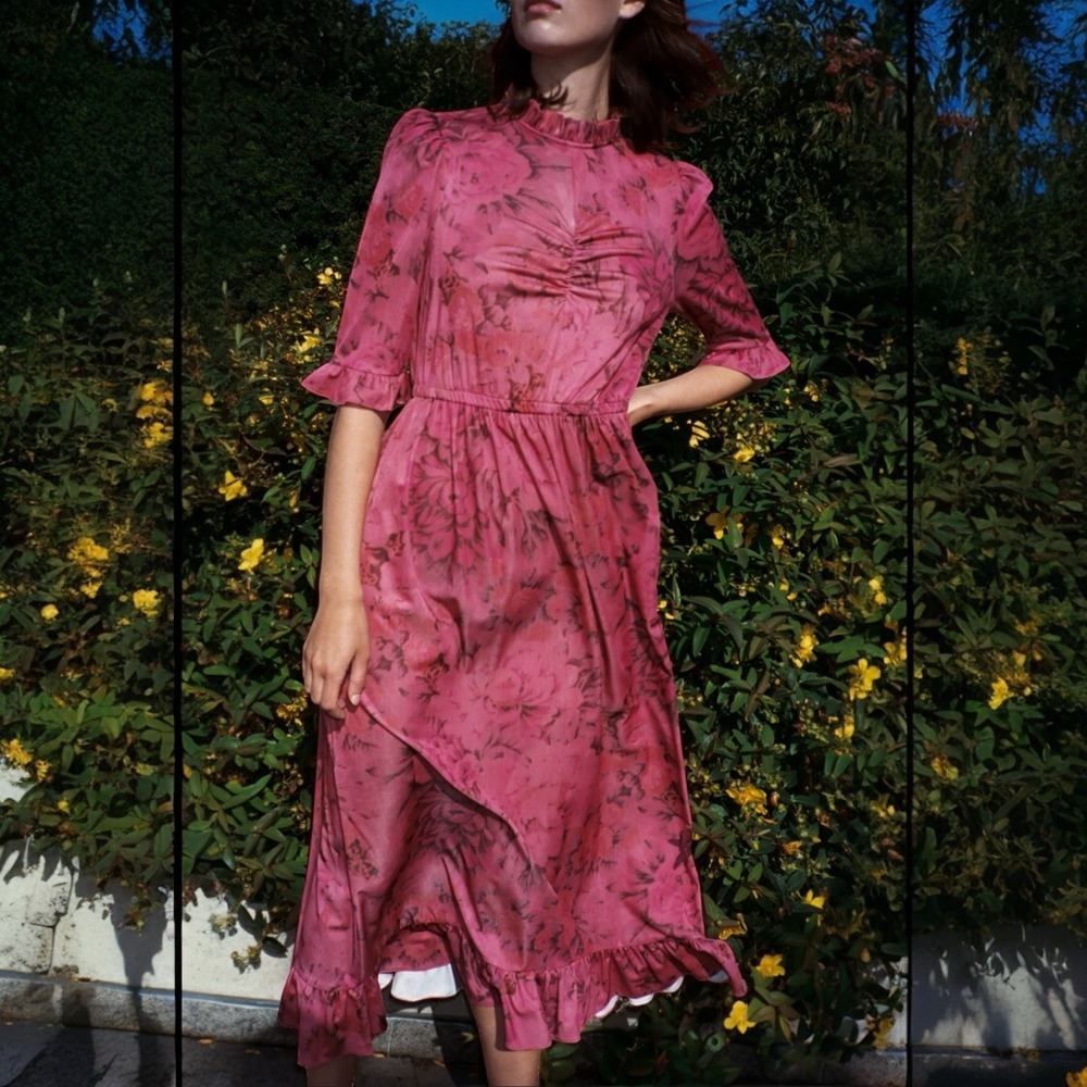 Sea New‎ York Mimi Floral Midi Maxi Dress In Rosewood High Neck Ruffle Sz L